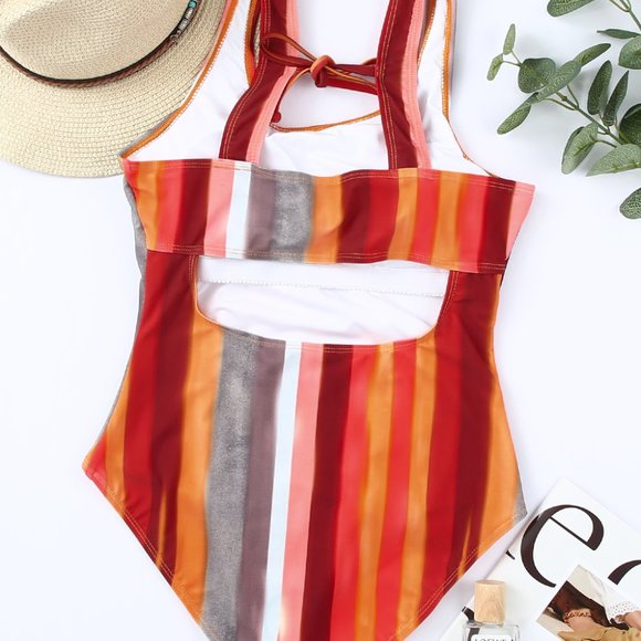 Multicolor Striped Color Block Bow Back Cut-out One-piece Swimsuit - Picture 11 of 14